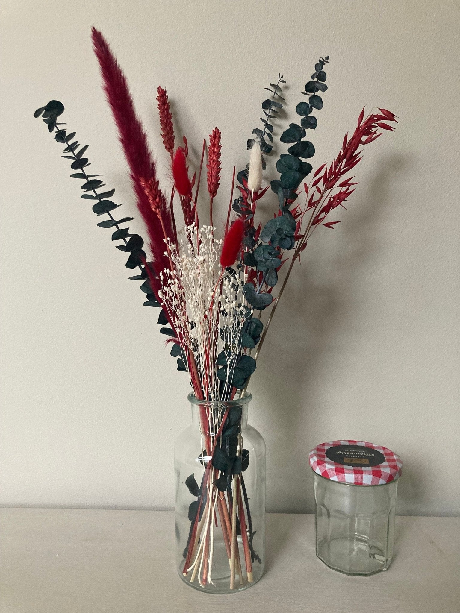 Letterbox Red Dried Flowers with Preserved Eucalyptus and Pampas - 50cm - Norfolk Pampas