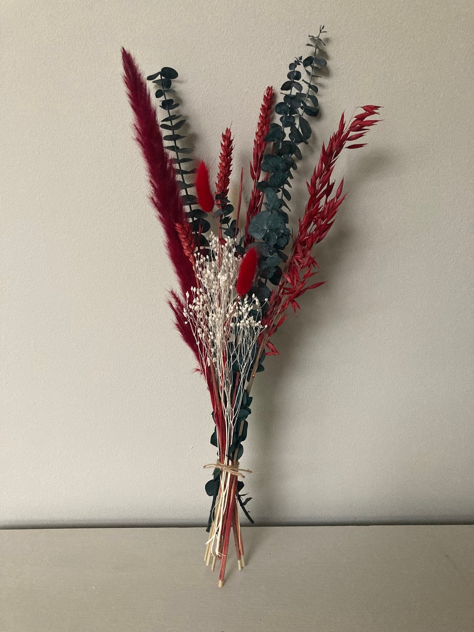 Letterbox Red Dried Flowers with Preserved Eucalyptus and Pampas - 50cm - Norfolk Pampas