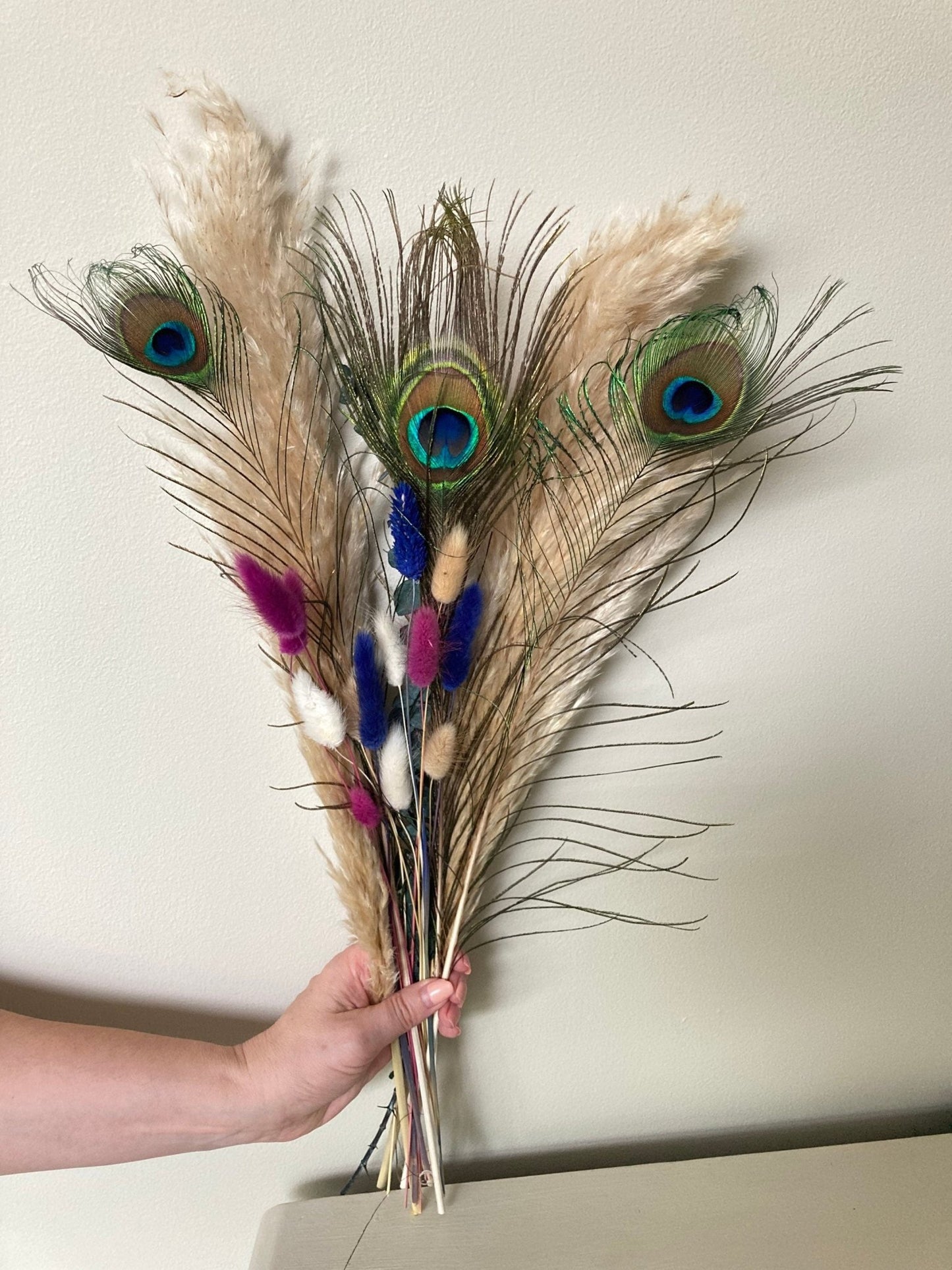 Pampas and Peacock Bouquet with Aubergine Bunny Tails - 60cm - Norfolk Pampas