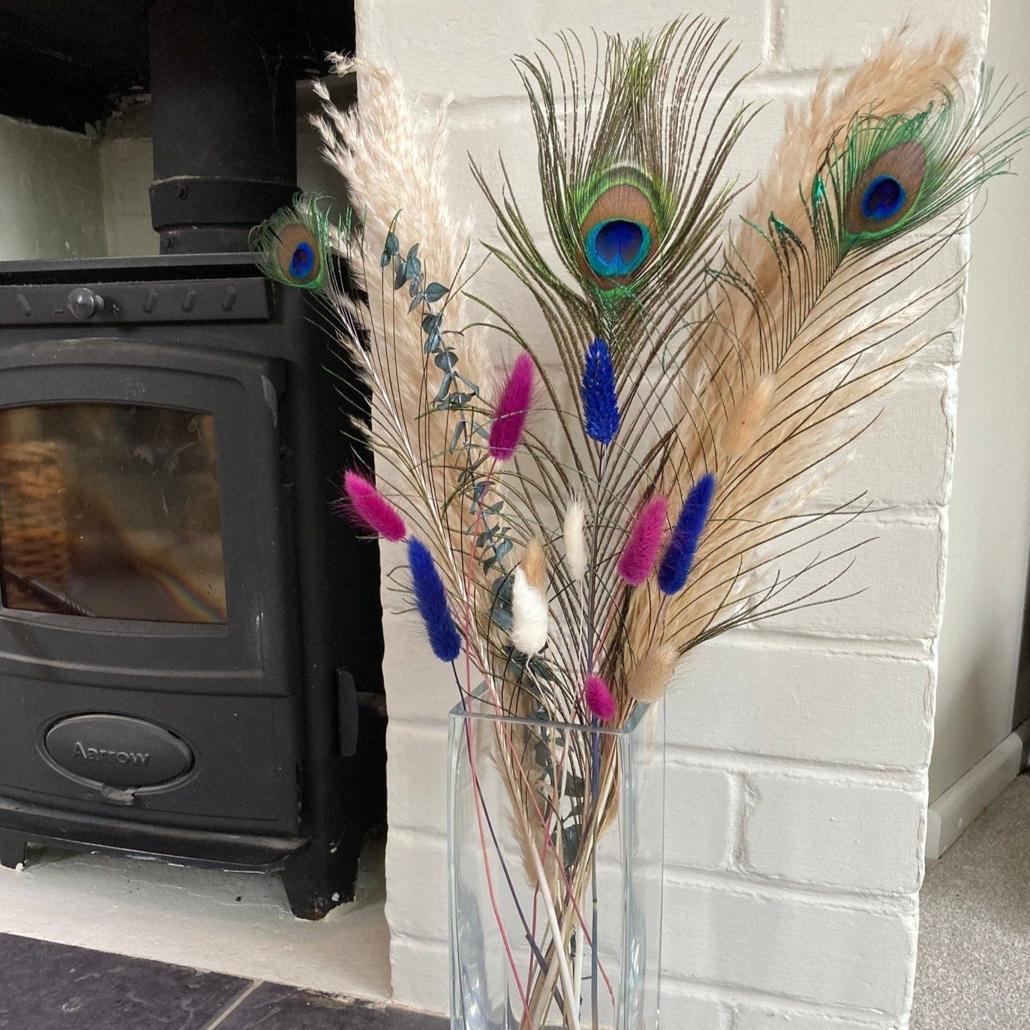 Pampas and Peacock Bouquet with Aubergine Bunny Tails - 60cm - Norfolk Pampas