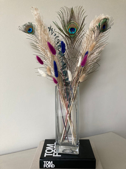 Pampas and Peacock Bouquet with Aubergine Bunny Tails - 60cm - Norfolk Pampas