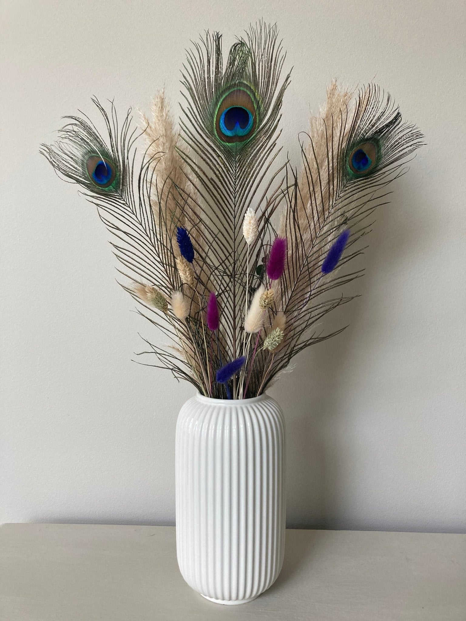 Pampas and Peacock Bouquet with Aubergine Bunny Tails - 60cm - Norfolk Pampas