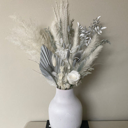Pampas Grey & White Bouquet with Preserved White Rose - 60cm - Norfolk Pampas