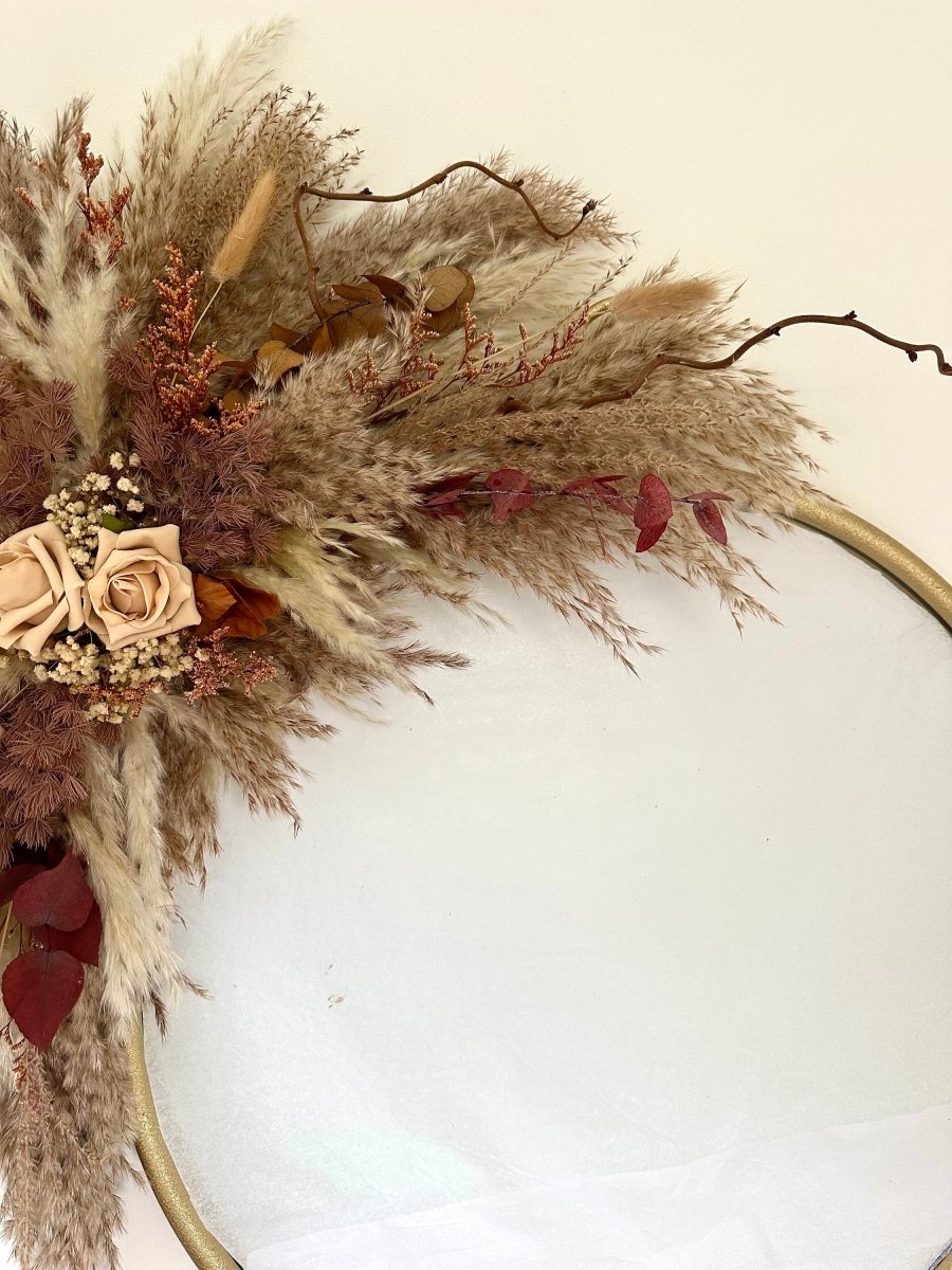 Pampas Mirror Wall Decor with Autumnal foliage - 80cm - Norfolk Pampas