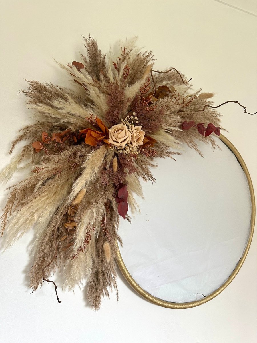 Pampas Mirror Wall Decor with Autumnal foliage - 80cm - Norfolk Pampas