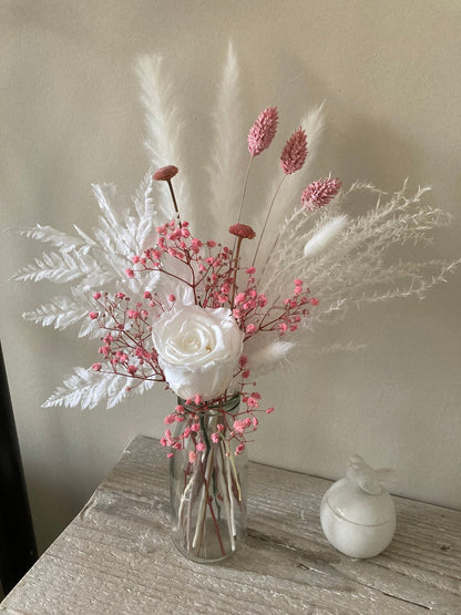 Preserved White Rose and Pink Dried Flowers in Vase - 35cm - Norfolk Pampas