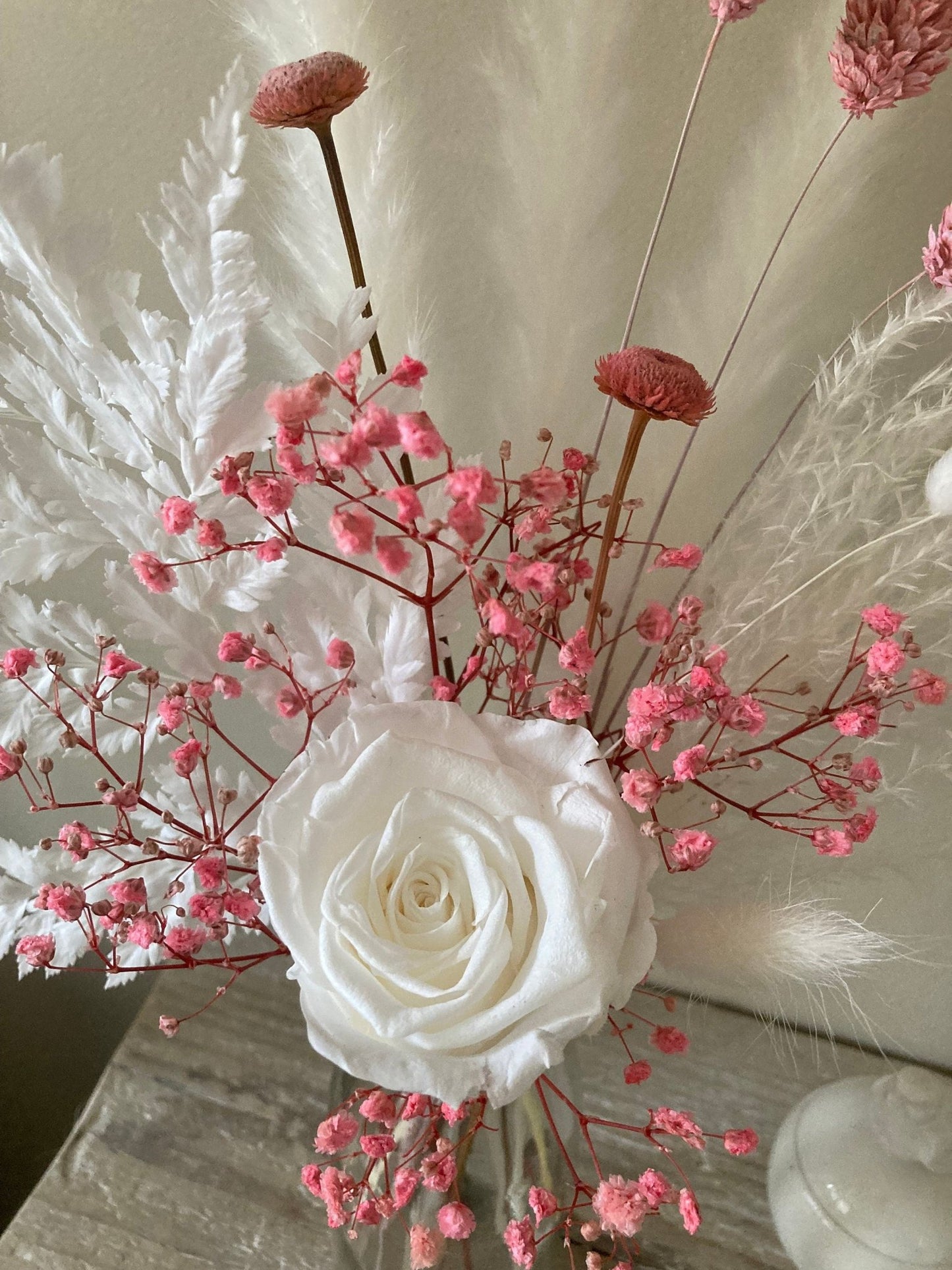 Preserved White Rose and Pink Dried Flowers in Vase - 35cm - Norfolk Pampas