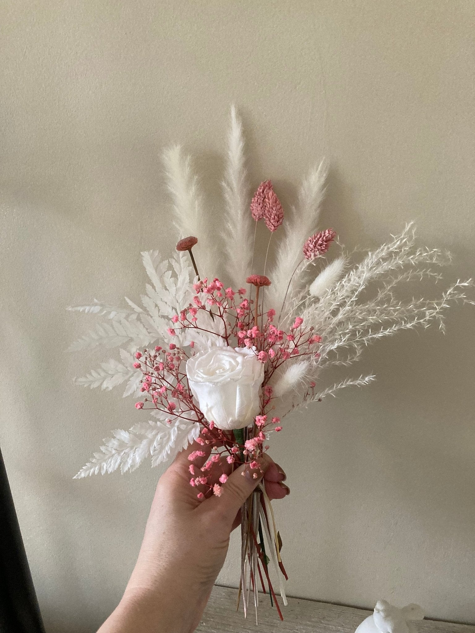 Preserved White Rose and Pink Dried Flowers in Vase - 35cm - Norfolk Pampas