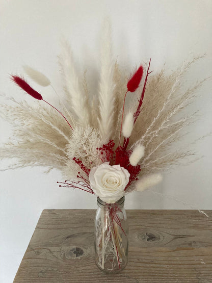 Preserved White Rose and Red Dried Flowers in Vase - 45cm - Norfolk Pampas