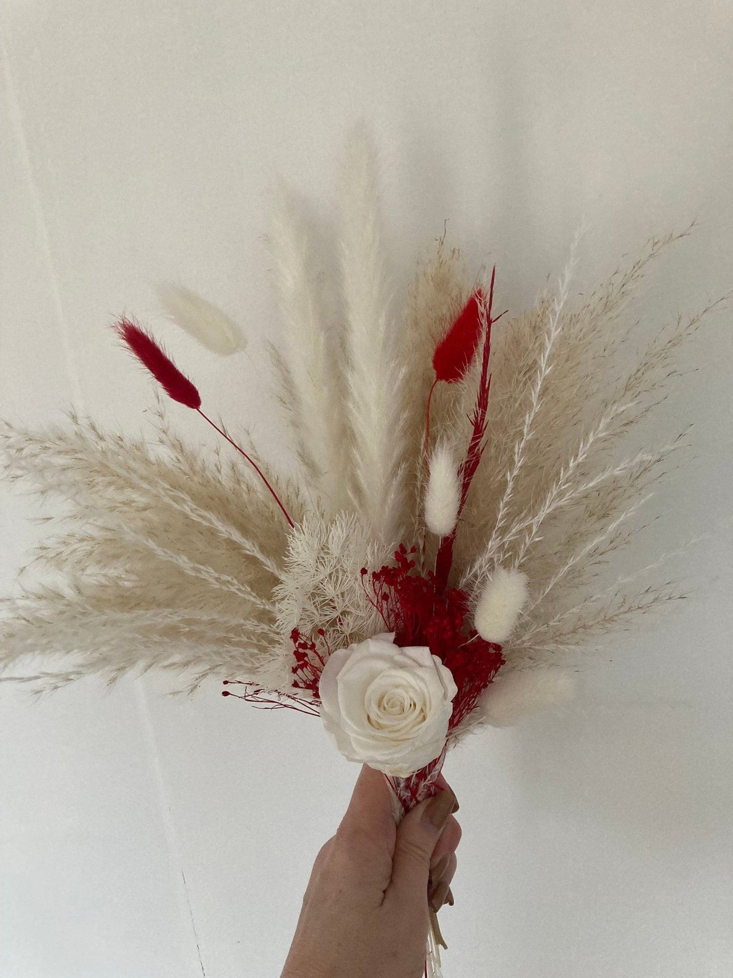 Preserved White Rose and Red Dried Flowers in Vase - 45cm - Norfolk Pampas