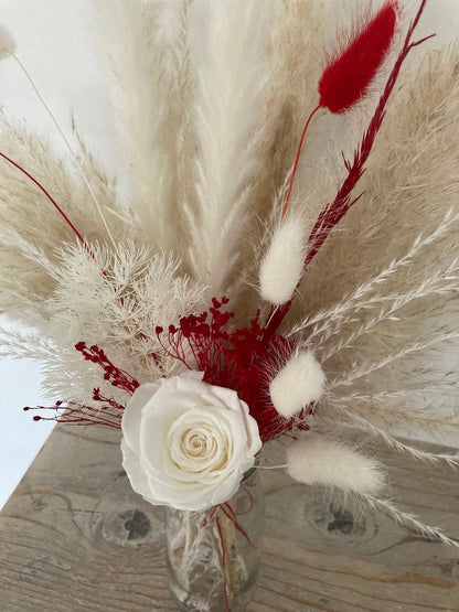 Preserved White Rose and Red Dried Flowers in Vase - 45cm - Norfolk Pampas