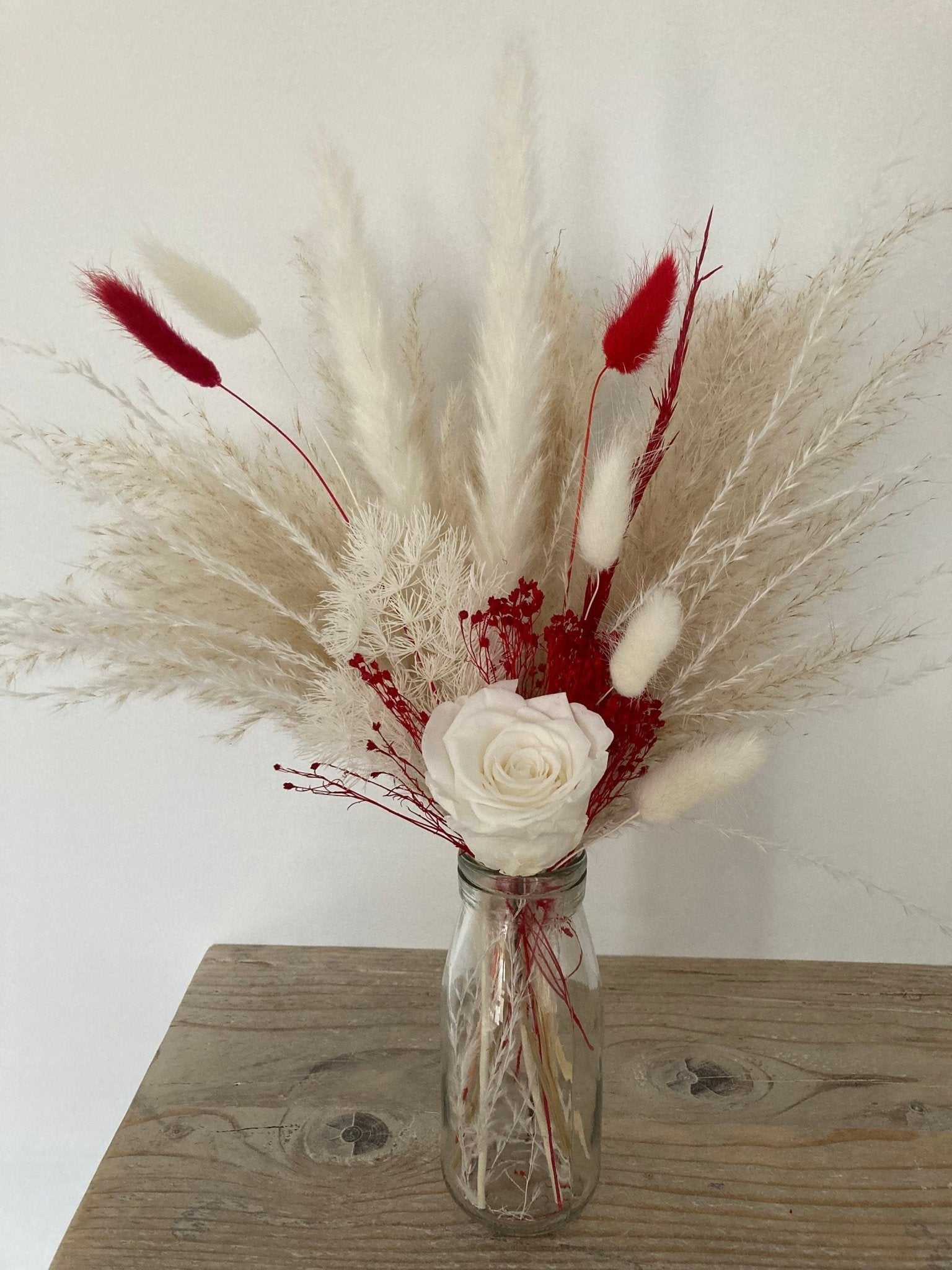 Preserved White Rose and Red Dried Flowers in Vase - 45cm - Norfolk Pampas