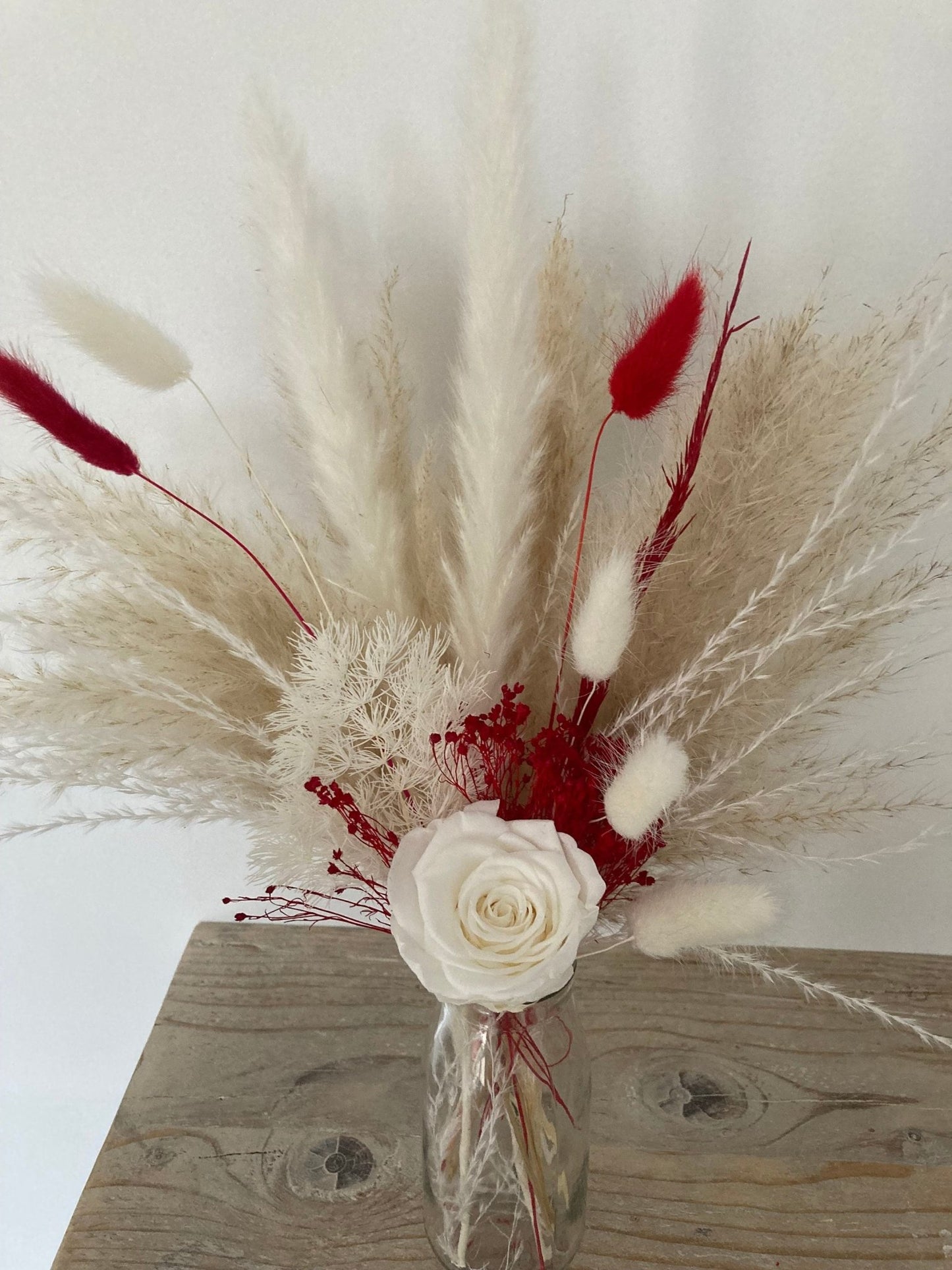 Preserved White Rose and Red Dried Flowers in Vase - 45cm - Norfolk Pampas