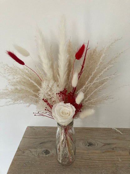 Preserved White Rose and Red Dried Flowers in Vase - 45cm - Norfolk Pampas